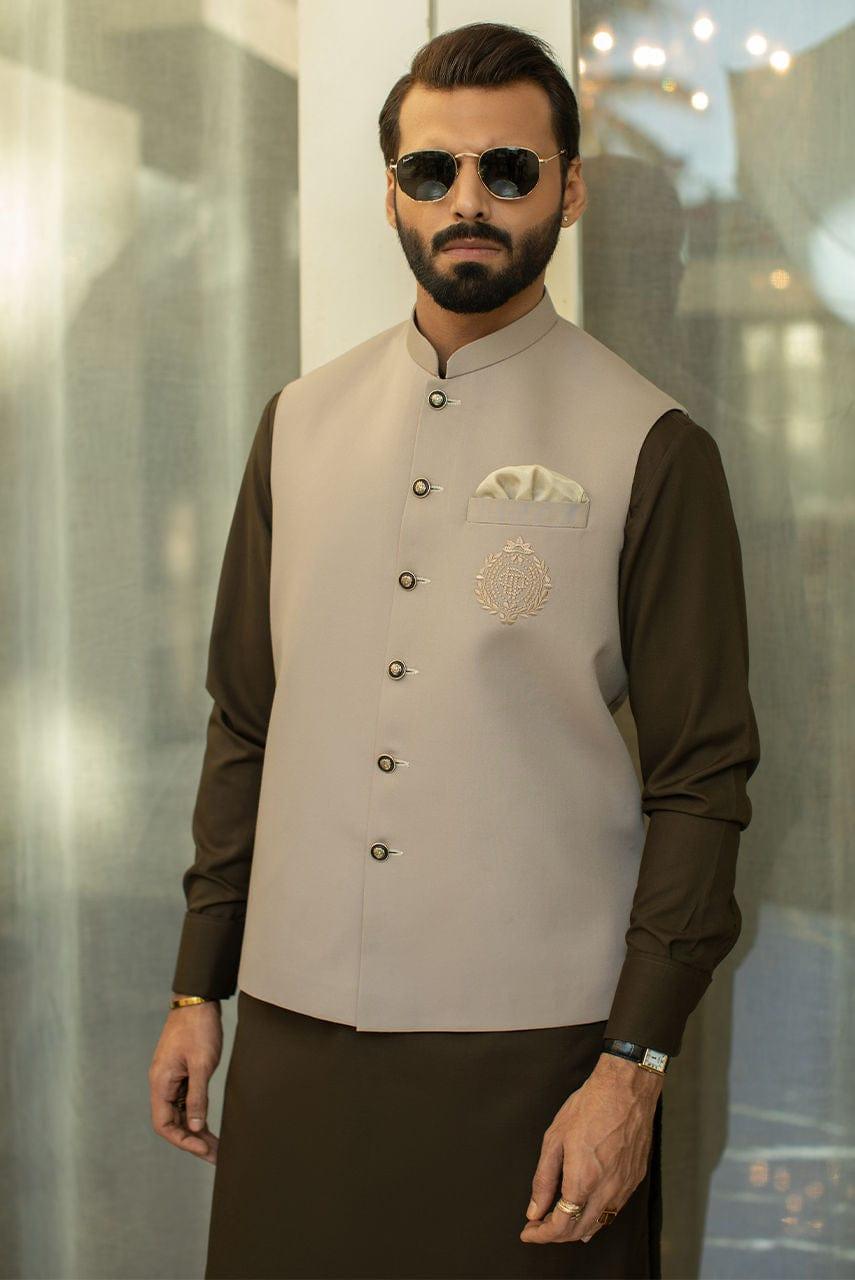 Deepak Perwani - Beige Waist Coat with Greenish Brown Boski Linen Kurta Shalwar - 3 Piece - Studio by TCS