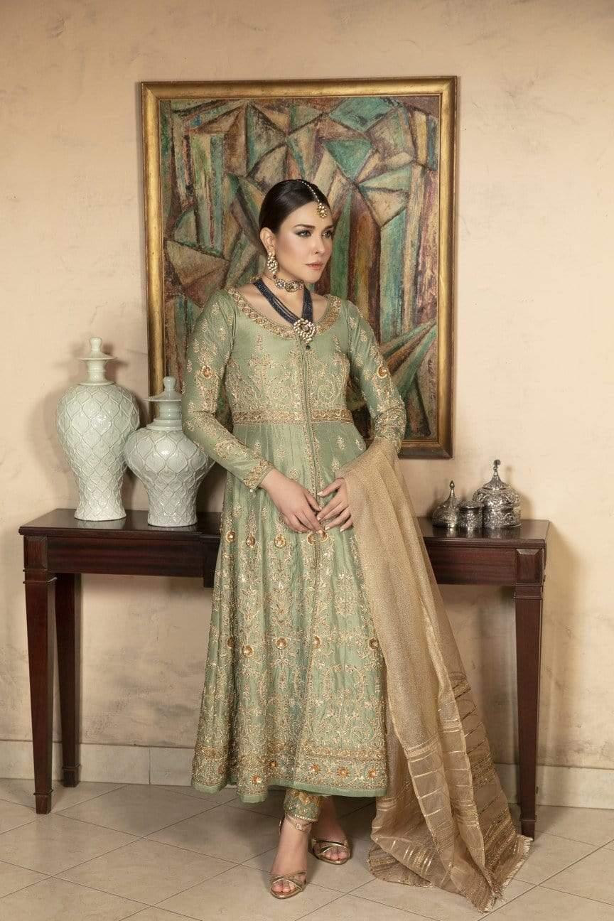 Yasmin Zaman - Jade Green Silk Gown with Gold Net Dupatta - F-178