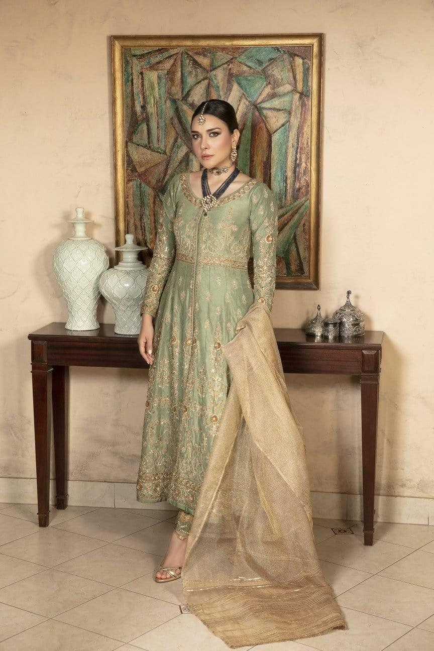 Yasmin Zaman - Jade Green Silk Gown with Gold Net Dupatta - F-178