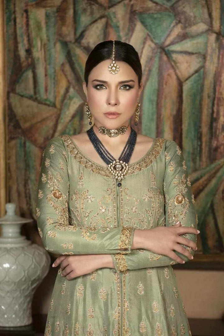 Yasmin Zaman - Jade Green Silk Gown with Gold Net Dupatta - F-178