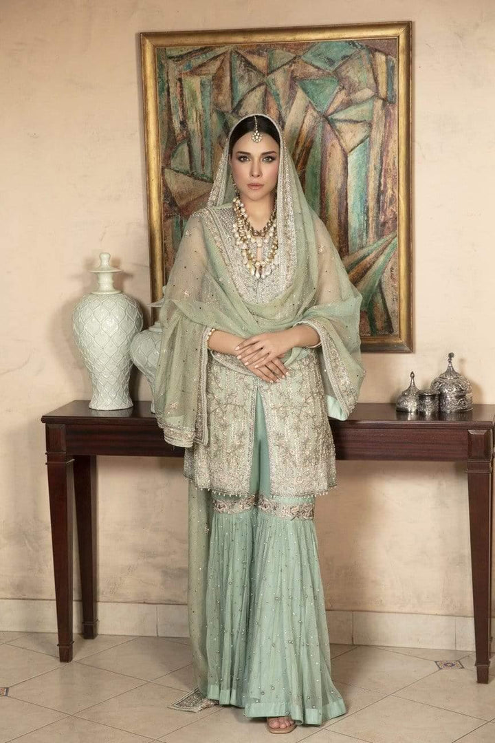 Yasmin Zaman - Mint Blue Zari Net Shirt and Dupatta with Net Lehnga - B-227