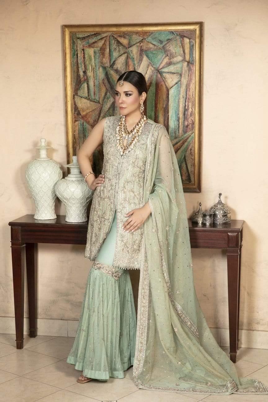 Yasmin Zaman - Mint Blue Zari Net Shirt and Dupatta with Net Lehnga - B-227