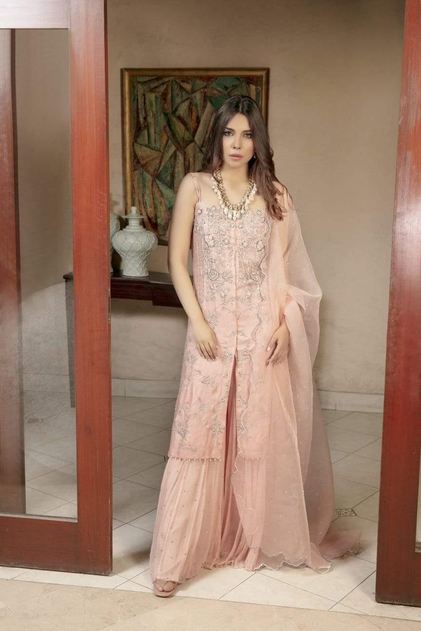 Yasmin Zaman - Rose Pink Chiffon Shirt and Lehnga with Organza Dupatta - F-196