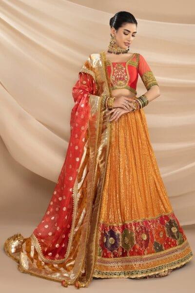 Nilofer Shahid - Indian Raw Silk Embellished Blouse & Tangerine Khimkhaab Lehenga with Tinsel Organza Dupatta or Shawl - 3 Piece - Studio by TCS