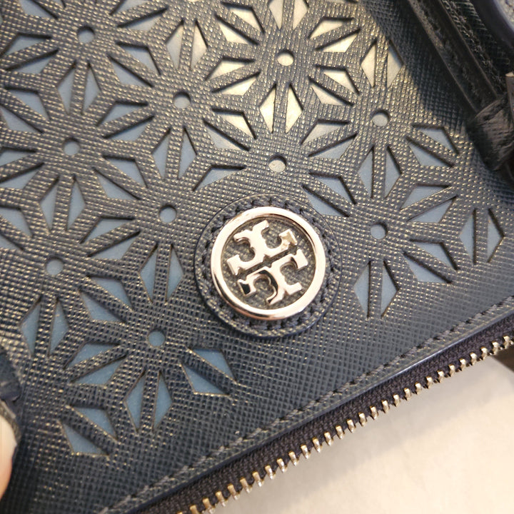 Pre-Loved Treasures - Tory Burch Navy Leather Robinson Perforated Floral Small Satchel