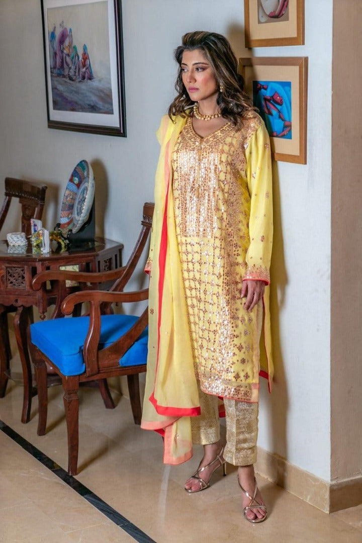 Designs by Amina - Yellow Gota Suit - Three Piece Stitched