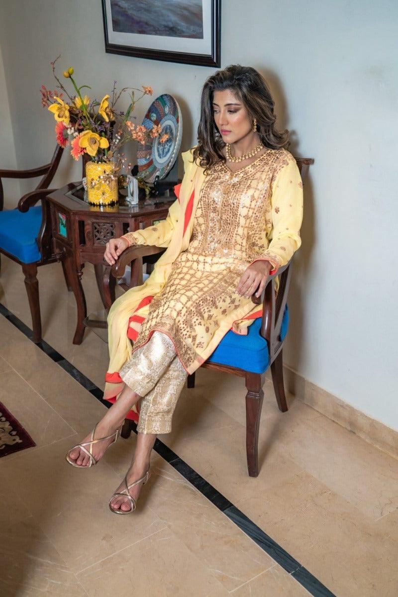 Designs by Amina - Yellow Gota Suit - Three Piece Stitched