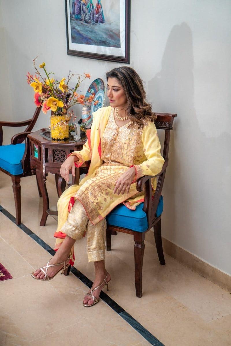 Designs by Amina - Yellow Gota Suit - Three Piece Stitched