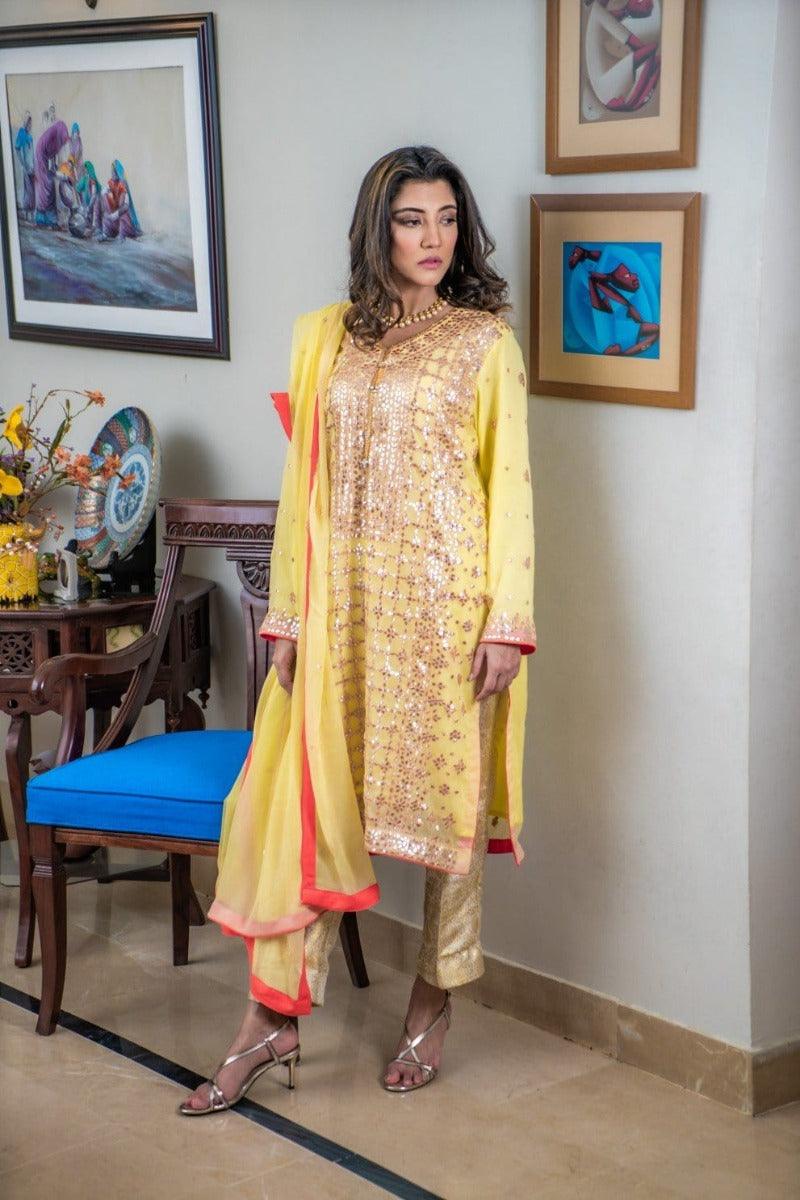 Designs by Amina - Yellow Gota Suit - Three Piece Stitched