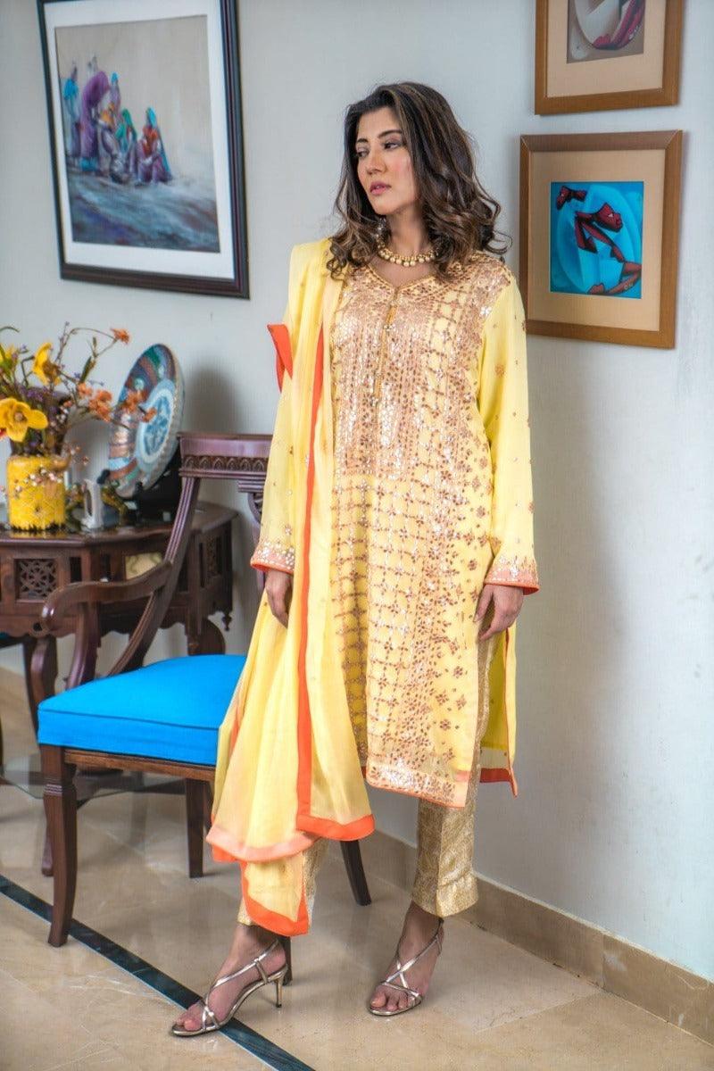 Designs by Amina - Yellow Gota Suit - Three Piece Stitched