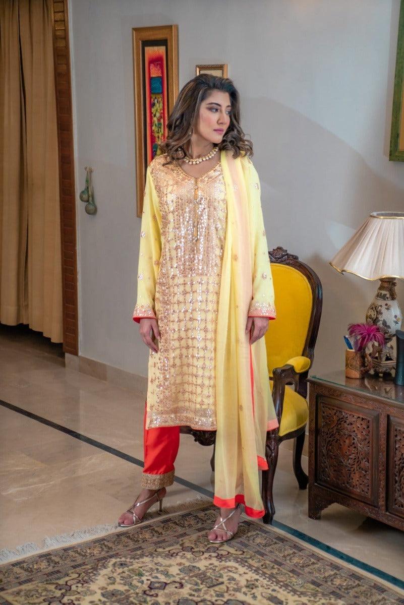 Designs by Amina - Yellow Gota Suit - Three Piece Stitched