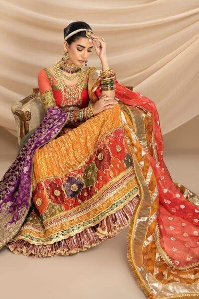 Nilofer Shahid - Indian Raw Silk Embellished Blouse & Tangerine Khimkhaab Lehenga with Tinsel Organza Dupatta or Shawl - 3 Piece - Studio by TCS