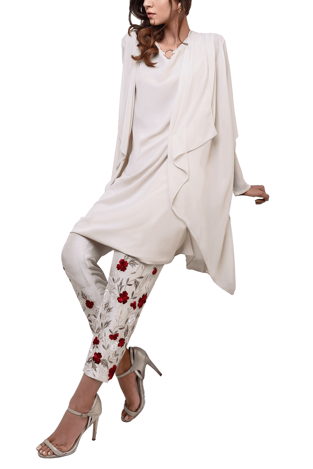 Natasha Kamal -  Floretta Georgette Chiffon Jacket & Tunic With Raw Silk Trousers