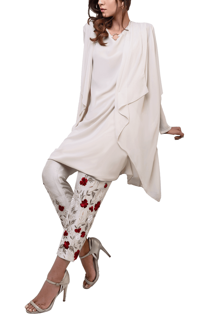 Natasha Kamal -  Floretta Georgette Chiffon Jacket & Tunic With Raw Silk Trousers