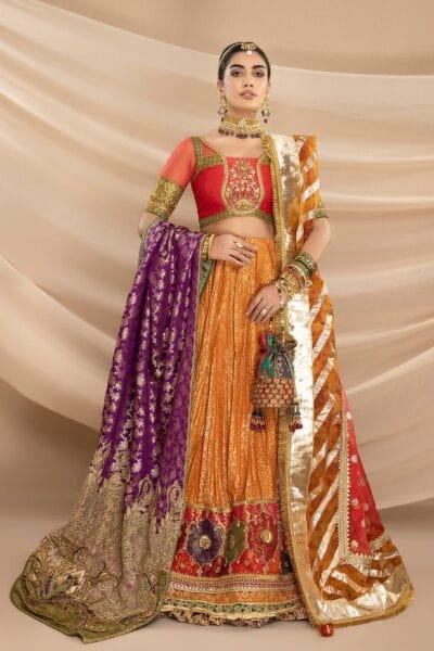 Nilofer Shahid - Indian Raw Silk Embellished Blouse & Tangerine Khimkhaab Lehenga with Tinsel Organza Dupatta or Shawl - 3 Piece - Studio by TCS