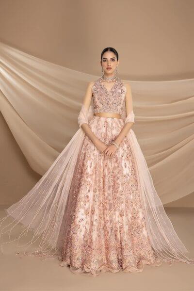 Nilofer Shahid - Pastel Pink Embellished Pure Net Blouse and Lehenga with Pure Organza Dupatta - 3 Piece - Studio by TCS