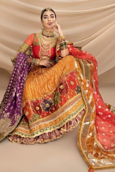 Nilofer Shahid - Indian Raw Silk Embellished Blouse & Tangerine Khimkhaab Lehenga with Tinsel Organza Dupatta or Shawl - 3 Piece - Studio by TCS