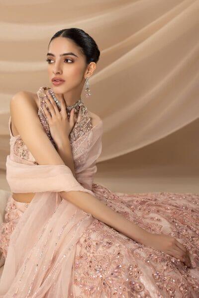 Nilofer Shahid - Pastel Pink Embellished Pure Net Blouse and Lehenga with Pure Organza Dupatta - 3 Piece - Studio by TCS