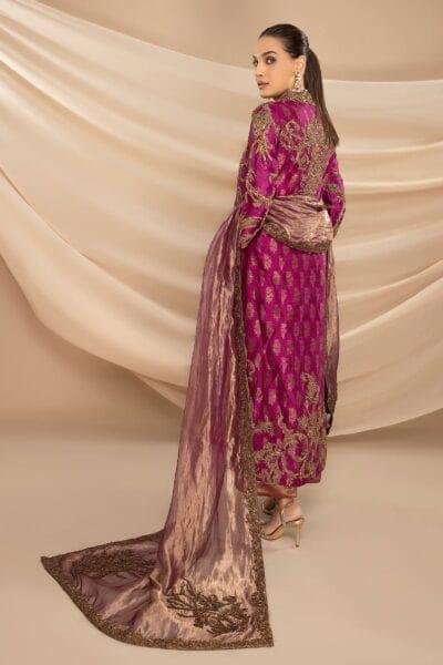 Nilofer Shahid - Magenta Embellished Tissue Organza Shirt with Khimkhaab Pants & Tissue Dupatta - 3 Piece - Studio by TCS