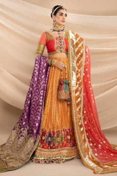 Nilofer Shahid - Indian Raw Silk Embellished Blouse & Tangerine Khimkhaab Lehenga with Tinsel Organza Dupatta or Shawl - 3 Piece - Studio by TCS