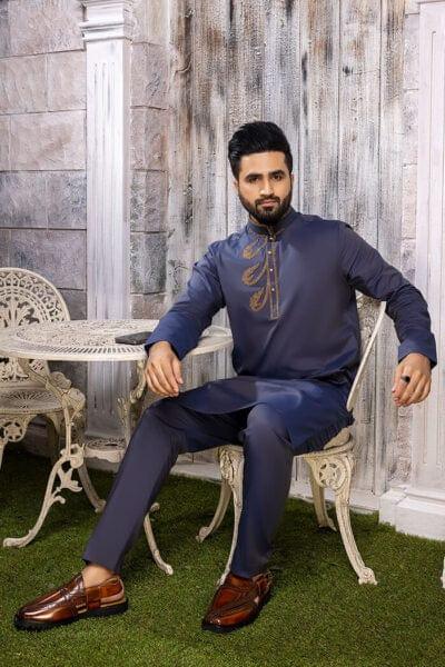 Nilofer Shahid - Sapphire Prince - Blue Canvas - Otooman Cotton - 2 Piece - Studio by TCS