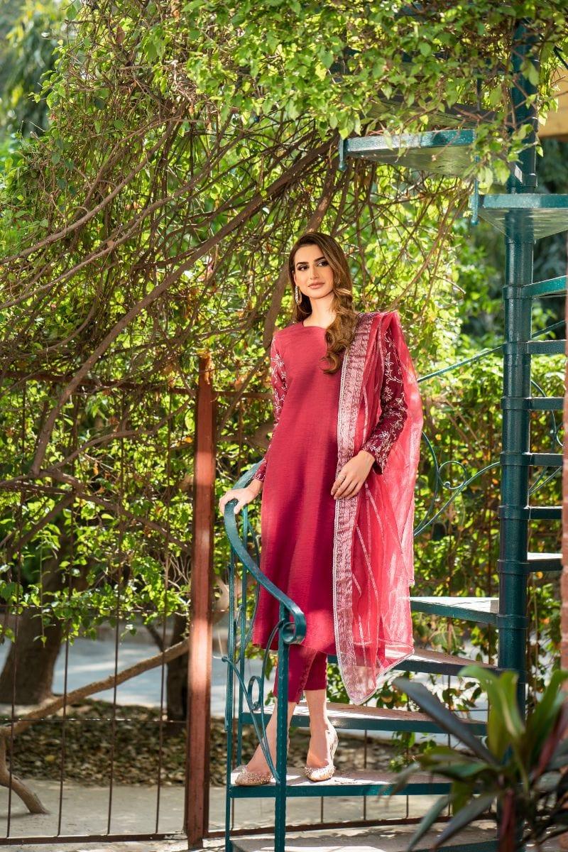 Natasha Kamal - Deep Red Raw Silk Shirt and Pants with Organza Dupatta - 3 Pieces - Studio by TCS