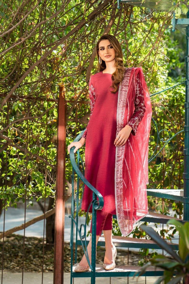 Natasha Kamal - Deep Red Raw Silk Shirt and Pants with Organza Dupatta - 3 Pieces - Studio by TCS