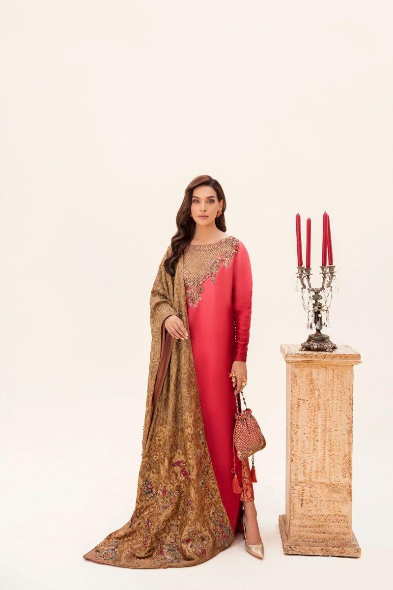 Nilofer Shahid - Coral Pink Tissue Silk Shirt & Pure Khimkhaab Pants with Korean Silk Shawl - 3 Piece - Studio by TCS