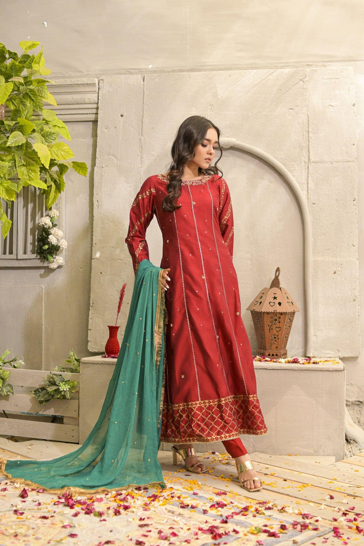 Rubys Couture - Red Silk Embroidered Pishwas with Raw Silk Pants - Maharani - Studio by TCS