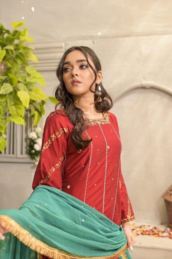 Rubys Couture - Red Silk Embroidered Pishwas with Raw Silk Pants - Maharani - Studio by TCS