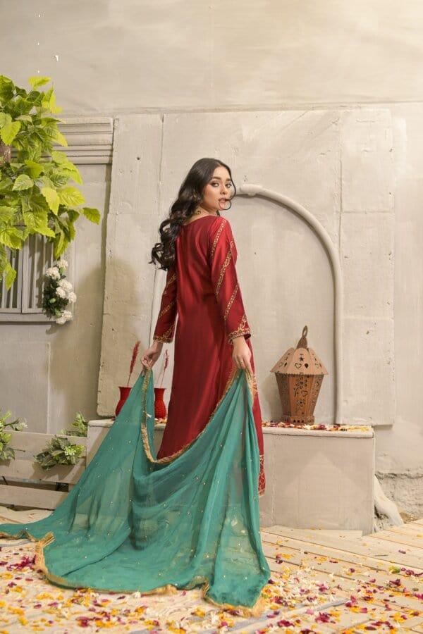 Rubys Couture - Red Silk Embroidered Pishwas with Raw Silk Pants - Maharani - Studio by TCS