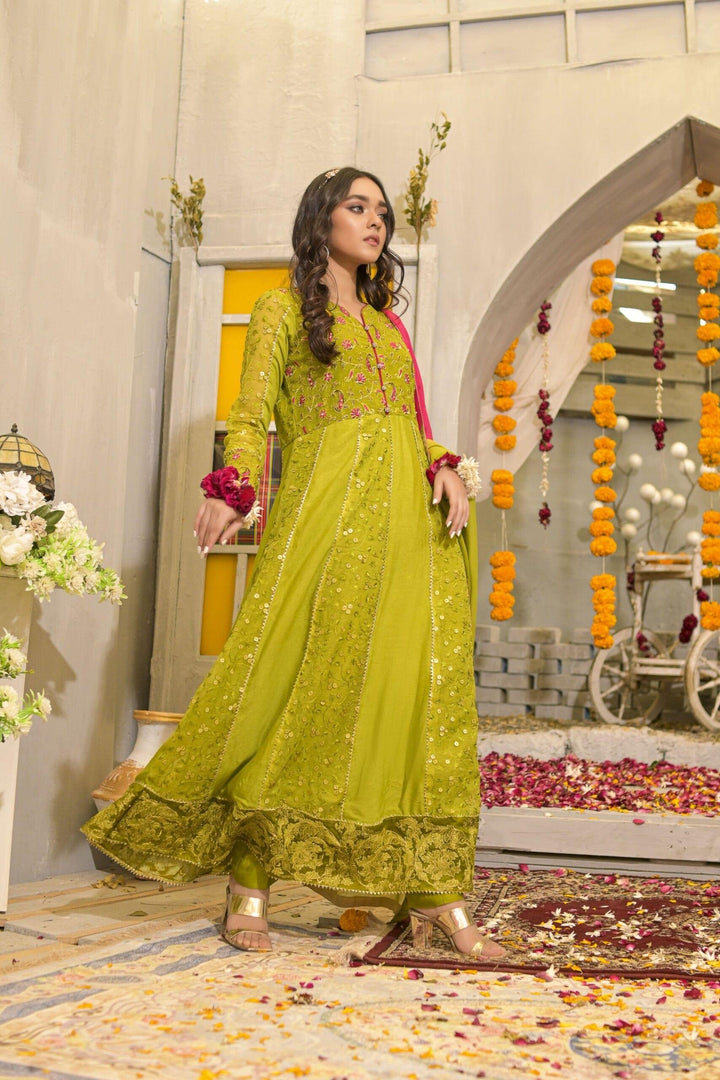 Rubys Couture - Mehndi Embroidered Anarkali with Raw Silk Pants - Hoorain - Studio by TCS