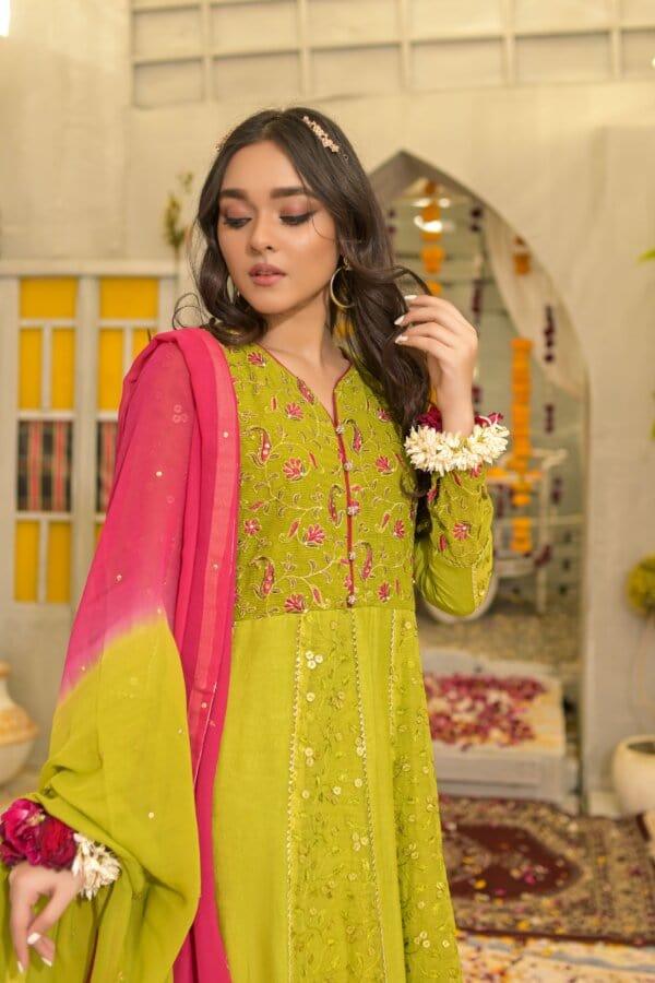 Rubys Couture - Mehndi Embroidered Anarkali with Raw Silk Pants - Hoorain - Studio by TCS