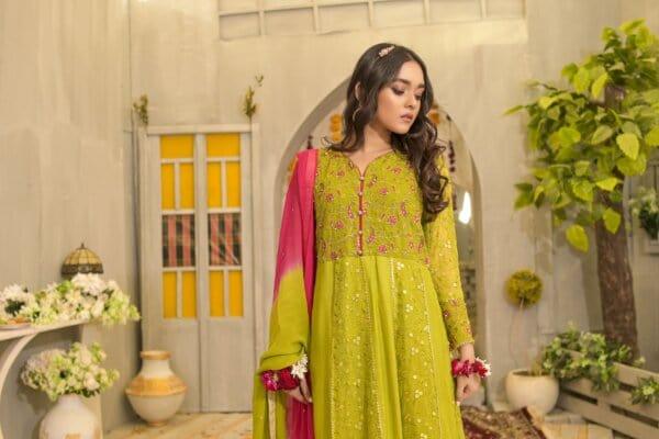 Rubys Couture - Mehndi Embroidered Anarkali with Raw Silk Pants - Hoorain - Studio by TCS