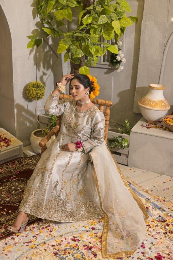 Rubys Couture - Silver Grey Embroidered Tissue Anarkali with Raw Silk Pants - Deewani - Studio by TCS