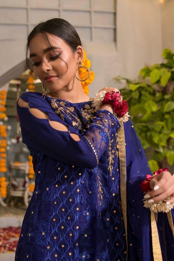 Rubys Couture - Navy Blue Organza Embroidered Frock with Raw Silk Pants - Roshanara - Studio by TCS