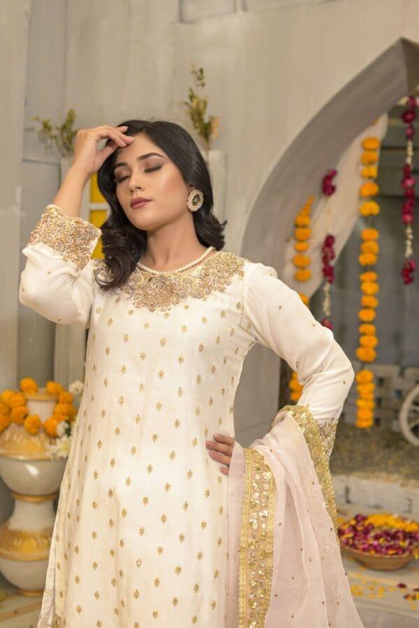 Rubys Couture - White Cotton Net Handwork Shirt with Raw Silk Gharara Pants - Jugni - Studio by TCS