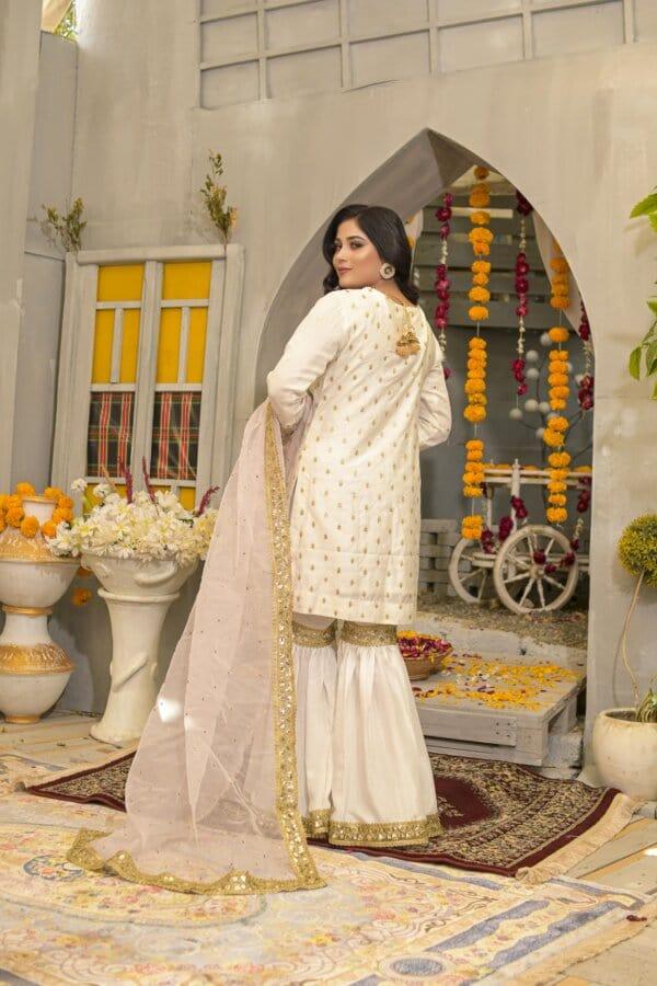 Rubys Couture - White Cotton Net Handwork Shirt with Raw Silk Gharara Pants - Jugni - Studio by TCS