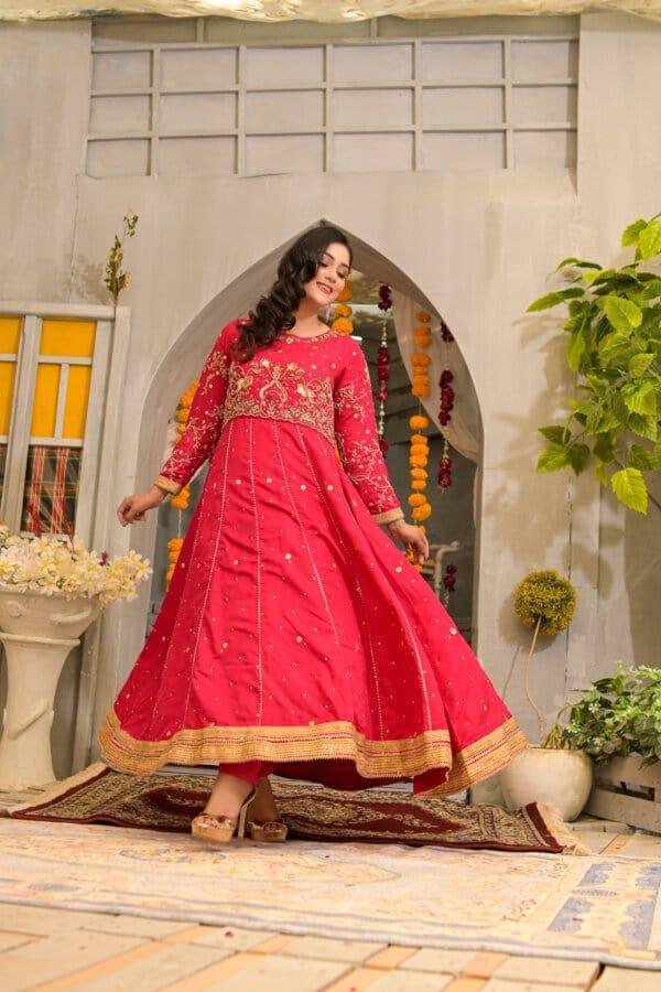 Rubys Couture - Hot Pink Silk Embroidered Anarkali with Raw Silk Pants - Pari - Studio by TCS