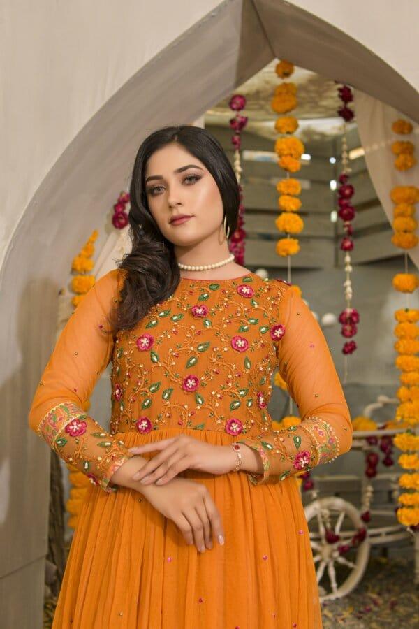 Mustard Korean Net Embroidered Pishwas with Raw Silk Pants - Laila - Studio by TCS