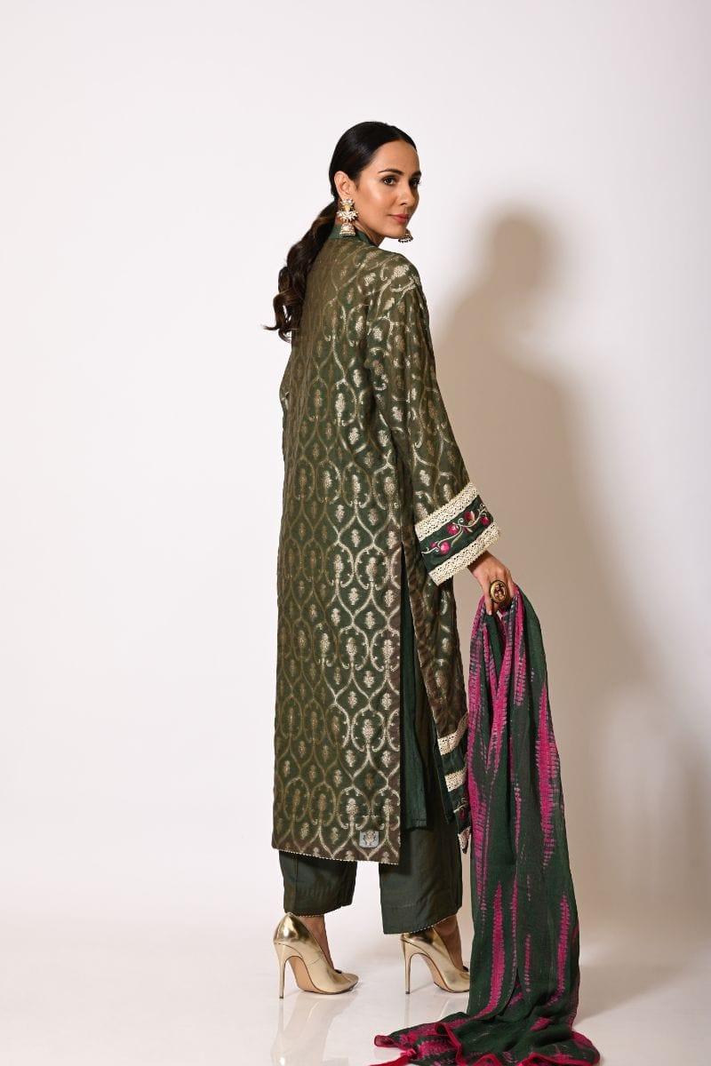 Insia Sohail - Shireen - Olive green - Machine Embroidered - 3 Piece - Studio by TCS