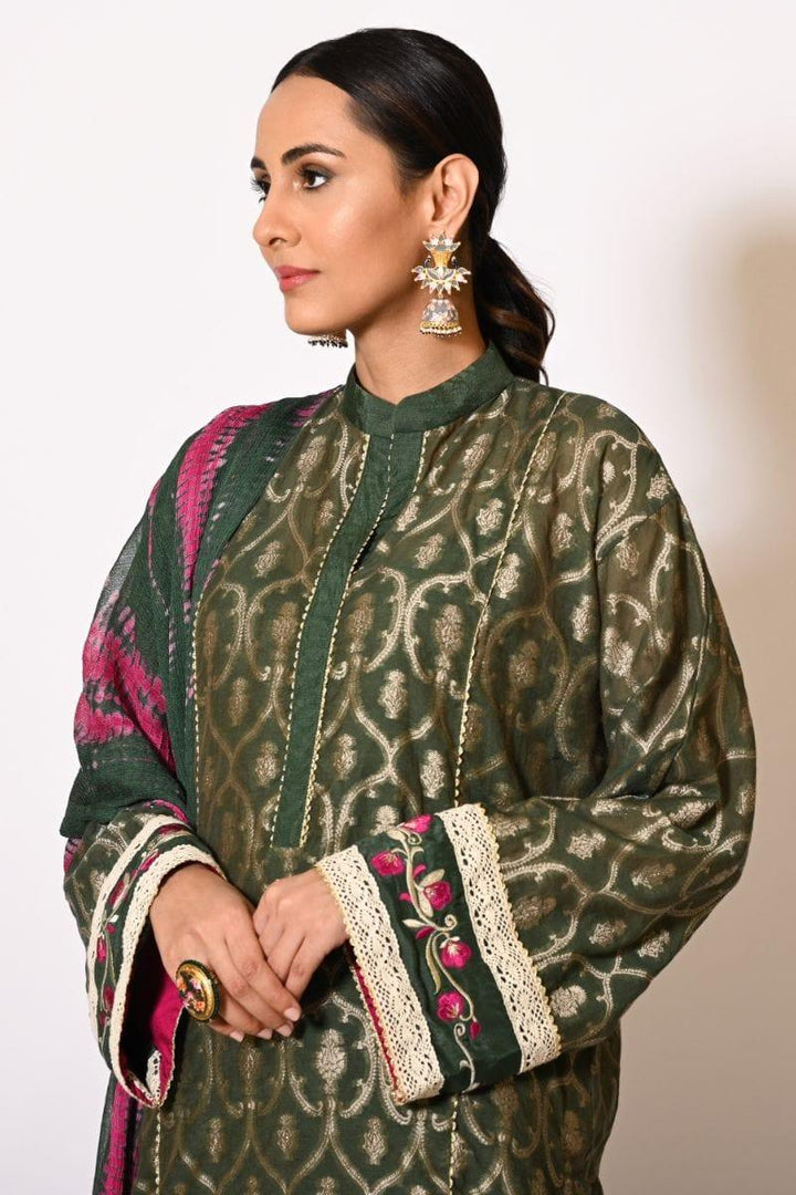 Insia Sohail - Shireen - Olive green - Machine Embroidered - 3 Piece - Studio by TCS