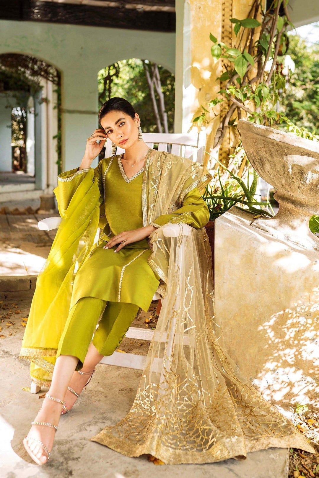 Natasha Kamal - Green Raw Silk Coord Set with Organza Dupatta - 3 Pieces - Studio by TCS