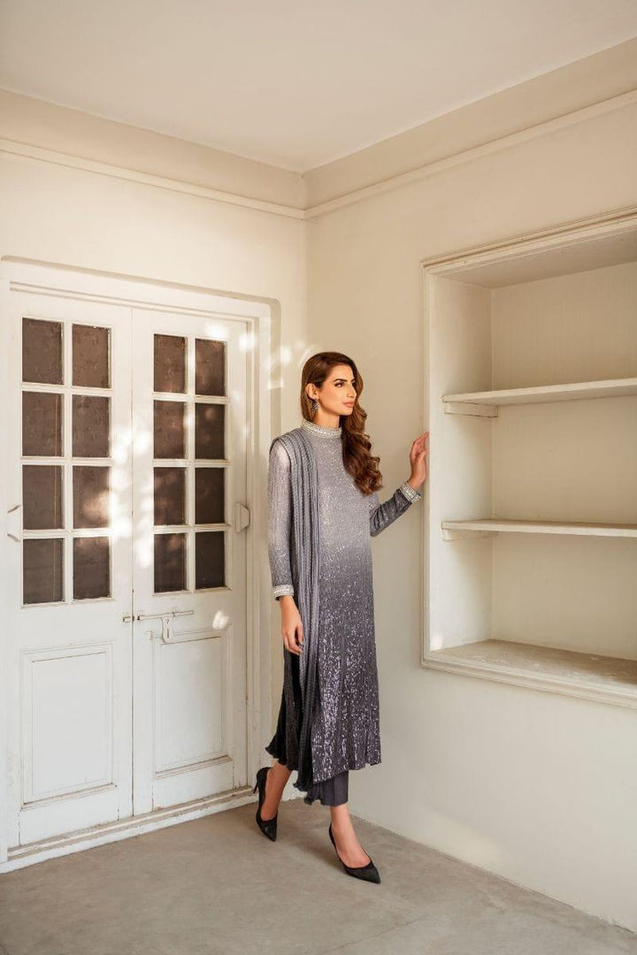 Natasha Kamal - Grey Embroidered Shirt and Pants with Ombre Crushed Silk Dupatta - 3 Piece - Studio by TCS