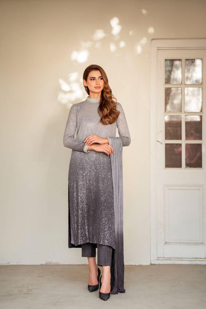 Natasha Kamal - Grey Embroidered Shirt and Pants with Ombre Crushed Silk Dupatta - 3 Piece - Studio by TCS