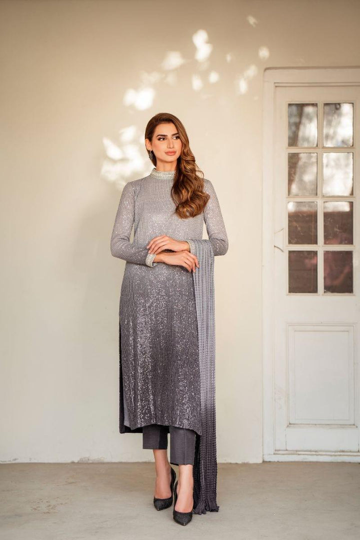 Natasha Kamal - Grey Embroidered Shirt and Pants with Ombre Crushed Silk Dupatta - 3 Piece - Studio by TCS