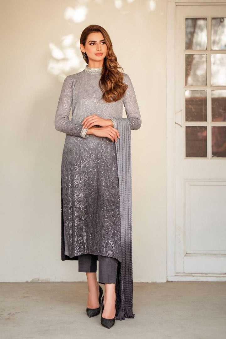 Natasha Kamal - Grey Embroidered Shirt and Pants with Ombre Crushed Silk Dupatta - 3 Piece - Studio by TCS