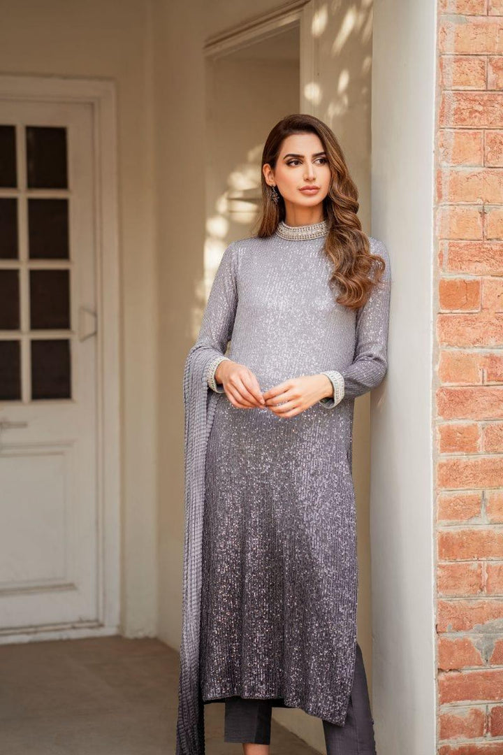 Natasha Kamal - Grey Embroidered Shirt and Pants with Ombre Crushed Silk Dupatta - 3 Piece - Studio by TCS