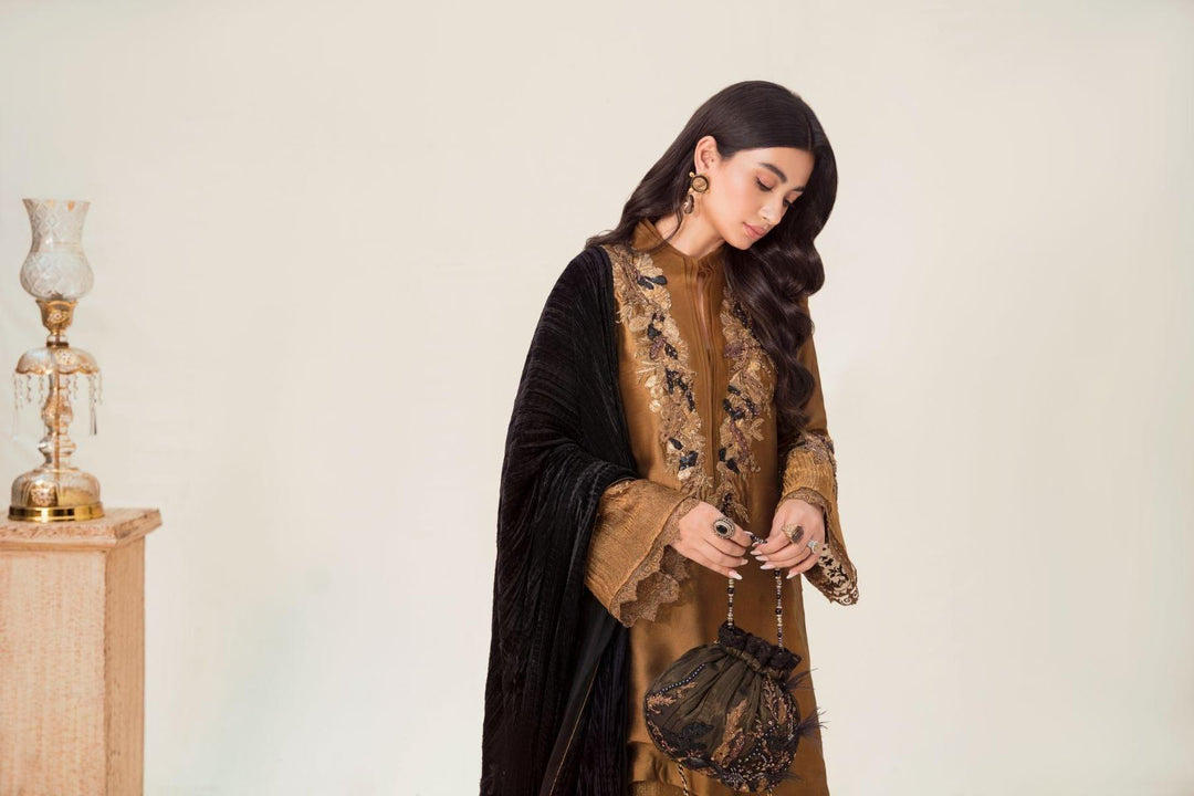 Nilofer Shahid - Bronze Gold Tissue Silk Shirt & Crushed Tissue Pants with Black Pure Crushed Velvet Shawl - 3 Piece - Studio by TCS