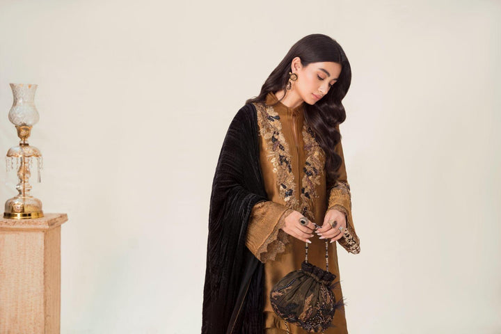 Nilofer Shahid - Bronze Gold Tissue Silk Shirt & Crushed Tissue Pants with Black Pure Crushed Velvet Shawl - 3 Piece - Studio by TCS